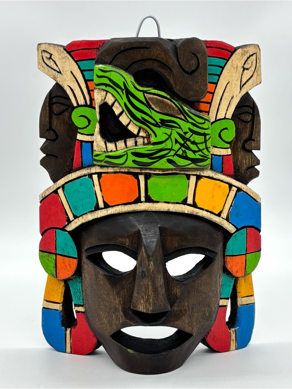 Hand Carved Wooden Mexican Mayan Face Mask Painted 3D Folk Art Wall Hanging Deco
